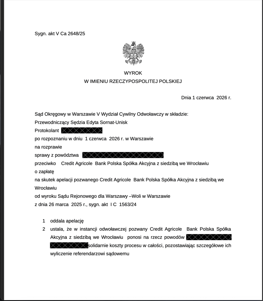 Wyrok Sądu Okręgowego w Warszawie oddalający apelację Credit Agricole w sprawie o nieautoryzowane transakcje