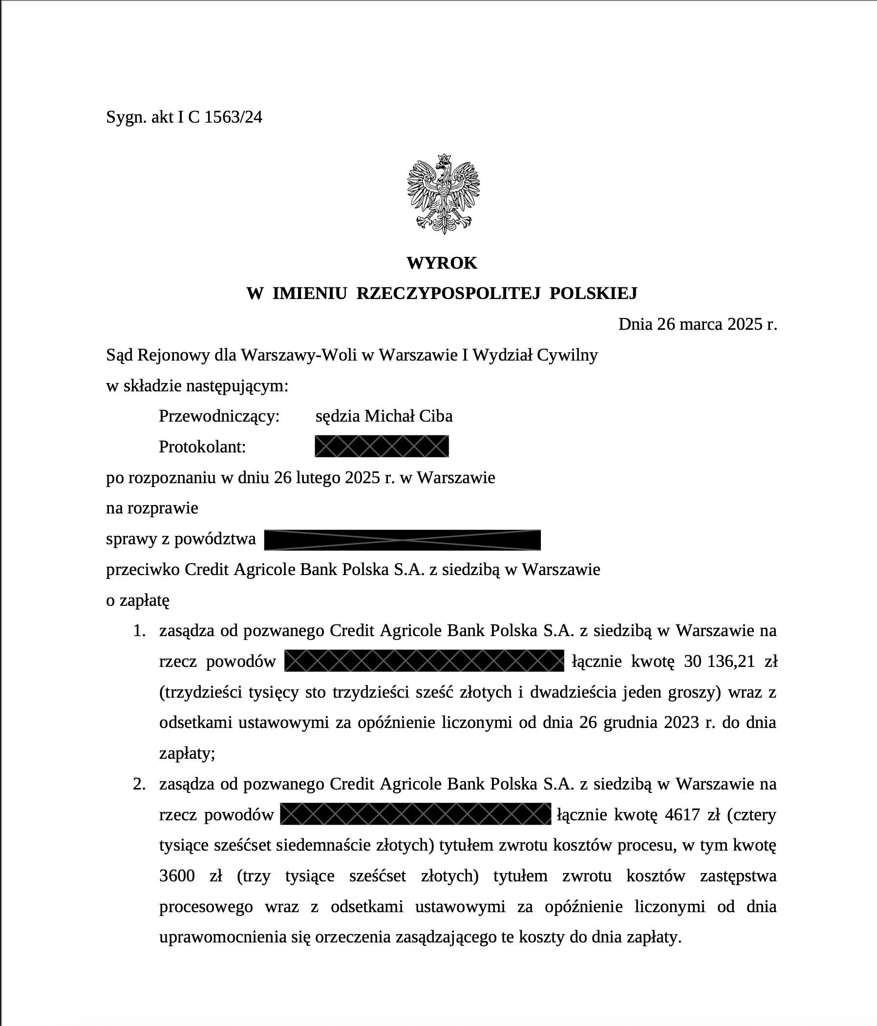 Wyrok Sądu Rejonowego dla Warszawy-Woli zasądzający od Credit Agricole zwrot ponad 30 tys. zł za nieautoryzowane transakcje